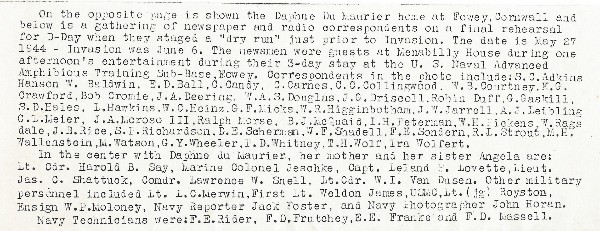 List of those in the photograph at Menabilly pre D-Day 1944